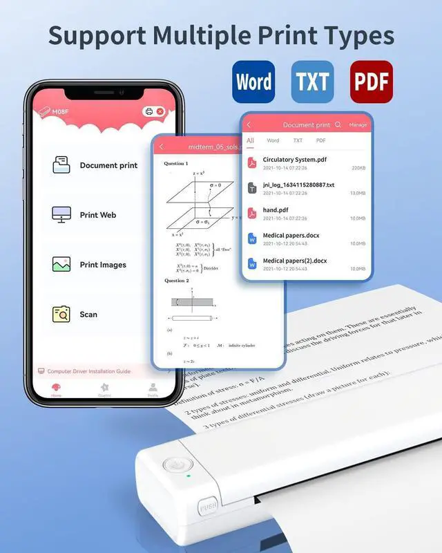 Alt view image 6 of 7 - Odaro M08F Portable Wireless Letter Printer for Travel, Bluetooth Thermal Inkless Small Printer, Support 8.5" X 11" Letter Size Thermal Paper, Work with Laptop Phone and Pad
