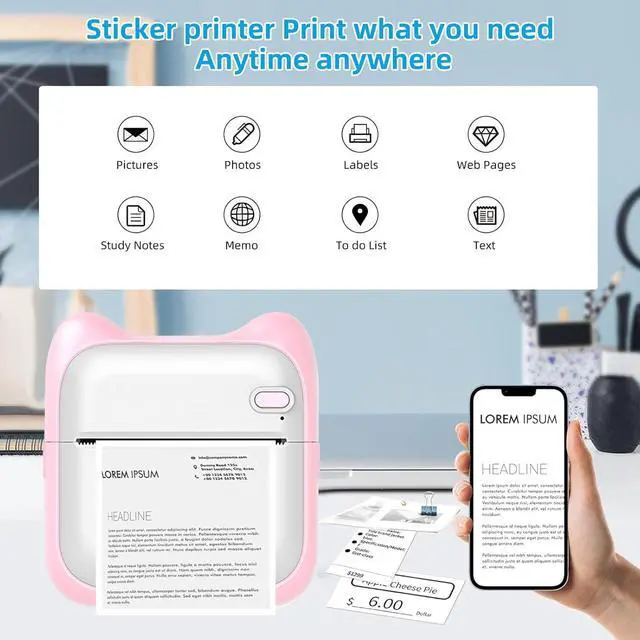 Alt view image 2 of 7 - PRINHSJI Mini Sticker Printer, Portable Thermal Printer, Inkless Pocket Maker for Study Notes, Pictures, DIY, Label, Photos, DIY, Compatible with iOS & Android