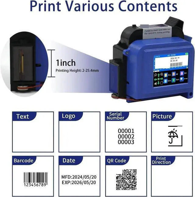 Alt view image 4 of 7 - 25.4mm/1 Inch Portable Mini Printer Handheld Inkjet Printer Non-encrypted QR Barcode Image Logo Date Coding Machine Wide Printing Material(with 1 Ink)