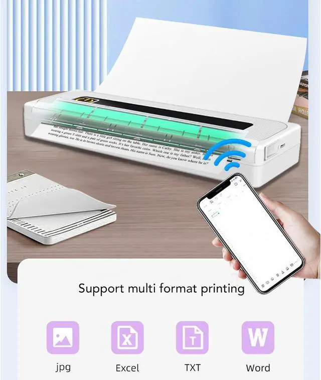 Alt view image 2 of 7 - Asixxsix Inkless Portable Printer for Travel, 200dpi Wireless Thermal Printer with 1 Roll Thermal Paper, Supports 8.5 X 11 Inch US Letter Size, Small Bluetooth Mobile Printers