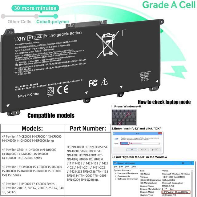 Alt view image 2 of 7 - 41.7Wh HT03XL L11421-422 Battery for HP Pavilion 14-CE 14-CF 14S-CF 14-DF 15-CS 15-DA 15-DB 15-DW 17-BY 17-CA Series 15-DA0014DX 15-CS0053CL L11421-2C2 L11421-422 HT03041XL HSTNN-UB7J HSTNN-DB8R