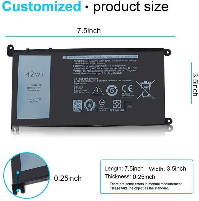Alt view image 2 of 7 - 42WH WDX0R WDXOR Laptop Battery Compatible with Dell Inspiron 15 5565 5567 5568 5578 7560 7570 7579 7569 13 5368 5378 7368 7378 17 5765 5767 5770 Latitude 3180 3189 3CRH3 T2JX4 FC92N CYMGM