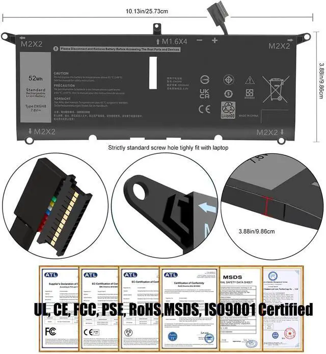 Alt view image 4 of 7 - 52Wh 7.6V 6500mAh DXGH8 Battery Replacement for Dell XPS 13 9370 9380 7390 Series, Inspiron 13 7391 2-in-1 Series, Inspiron 5390 5391 7490 Series, Latitude 3301 E3301 Series