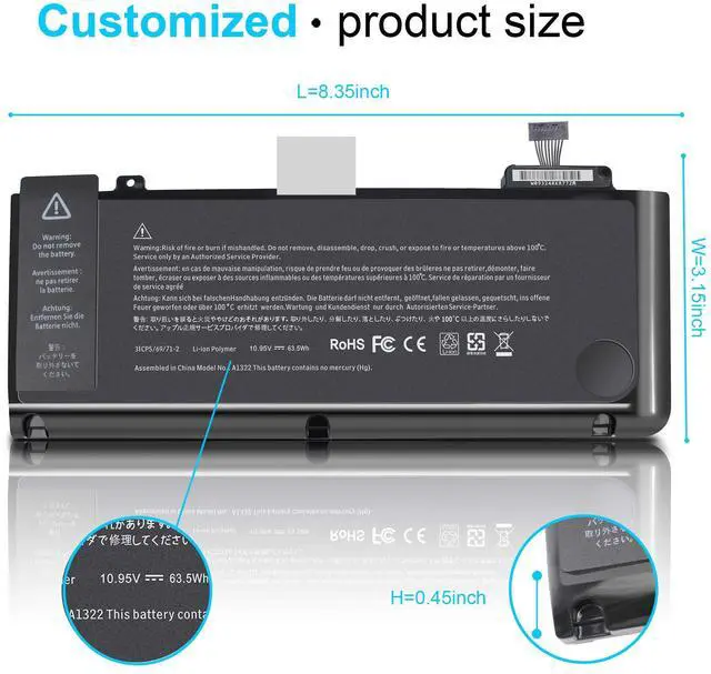 Alt view image 2 of 6 - A1322 A1278 Battery 63.5WH 10.95V Replacement for MacBook Pro 13-inch (2012 2011 2010 2009 Version) MB990LL/A MB991ll/A MC374ll/A MC375LL/A MC700ll/A MD101LL/A MD102LL/A 661-5229 661-5557