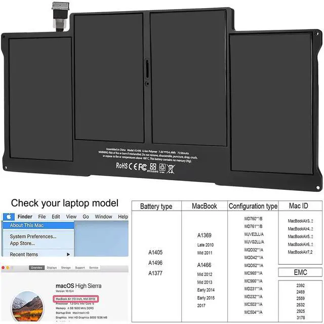 Alt view image 2 of 7 - 54.4WH A1405 A1496 Battery for Apple MacBookAir A1369(Late 2010 Mid 2011) A1466 (Mid 2012 Mid 2013 Early 2014) MC503 MC503ZP/A MC504LL/A Replacement [Not A1406]