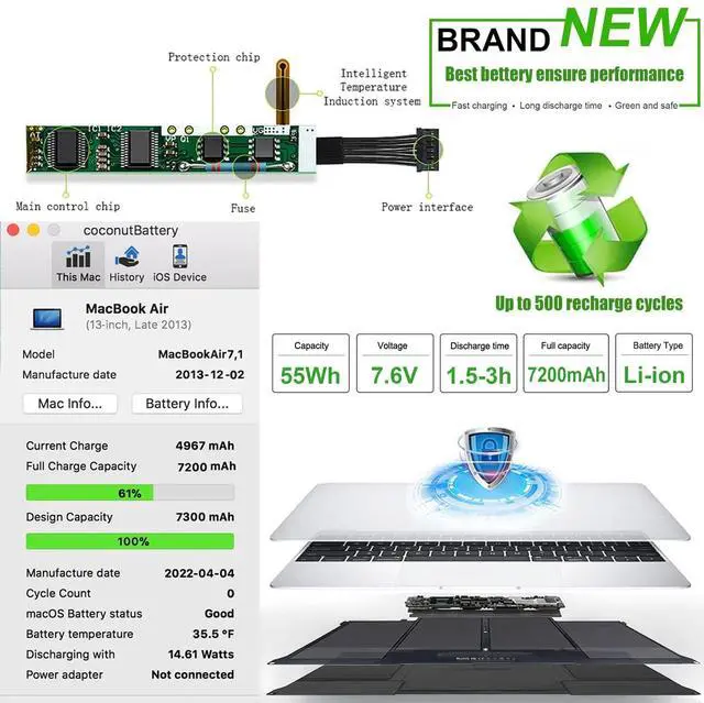Alt view image 3 of 7 - 54.4WH A1405 A1496 Battery for Apple MacBookAir A1369(Late 2010 Mid 2011) A1466 (Mid 2012 Mid 2013 Early 2014) MC503 MC503ZP/A MC504LL/A Replacement [Not A1406]