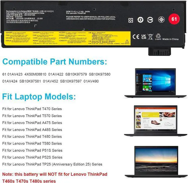 Alt view image 4 of 7 - 01AV423 SB10K97580 Laptop Battery Replacement for Lenovo ThinkPad T470 T480 A475 A485 T570 T580 P51S P52S TP25 Series 61 4X50M08810 01AV422 SB10K97579 01AV424 01AV452 01AV490 11.4V 24Wh