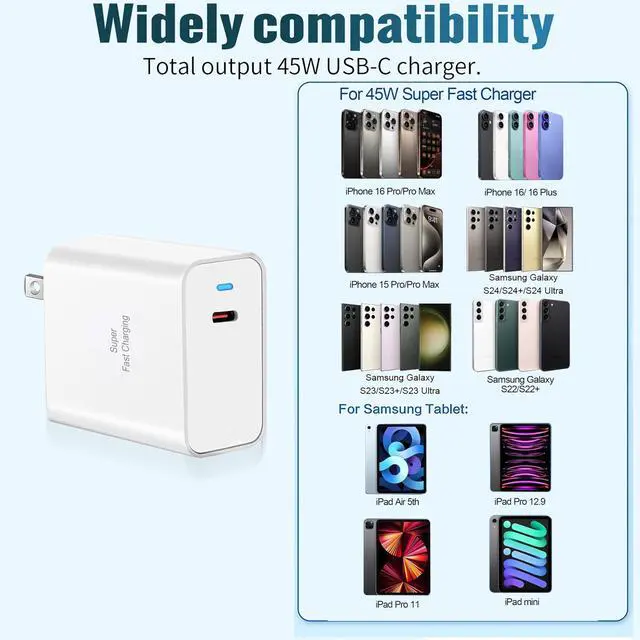 Alt view image 5 of 7 - Super Fast Charger Type C, 45W USB-C Wall Charger for Samsung Galaxy S22 Ultra/S22/S22+/S21 Ultra/S21/S21+/Note 20 Ultra/Note 10 Plus/Z Fold 3, Galaxy A53, Tab S8/S8+/S7/S7+, Moto Z/Z2/G7/G7 Plus