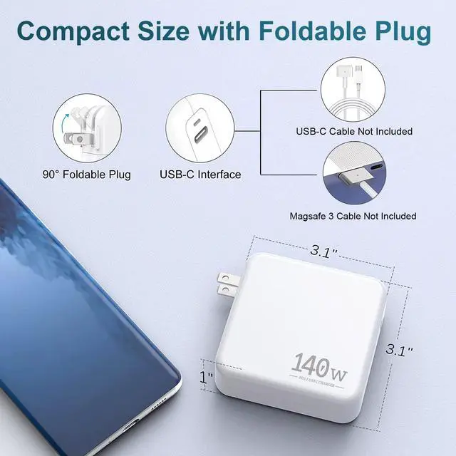 Alt view image 4 of 7 - MacBook Pro Charger, 140W USB C Power Adapter for MacBook Pro 16 inch 2021, MacBook Pro 15, 14, 13 inch 2021, 2020, 2019, 2018,MacBook Air PD 3.1 for M1 M2 Laptop,iPad Pro and All USB C Device
