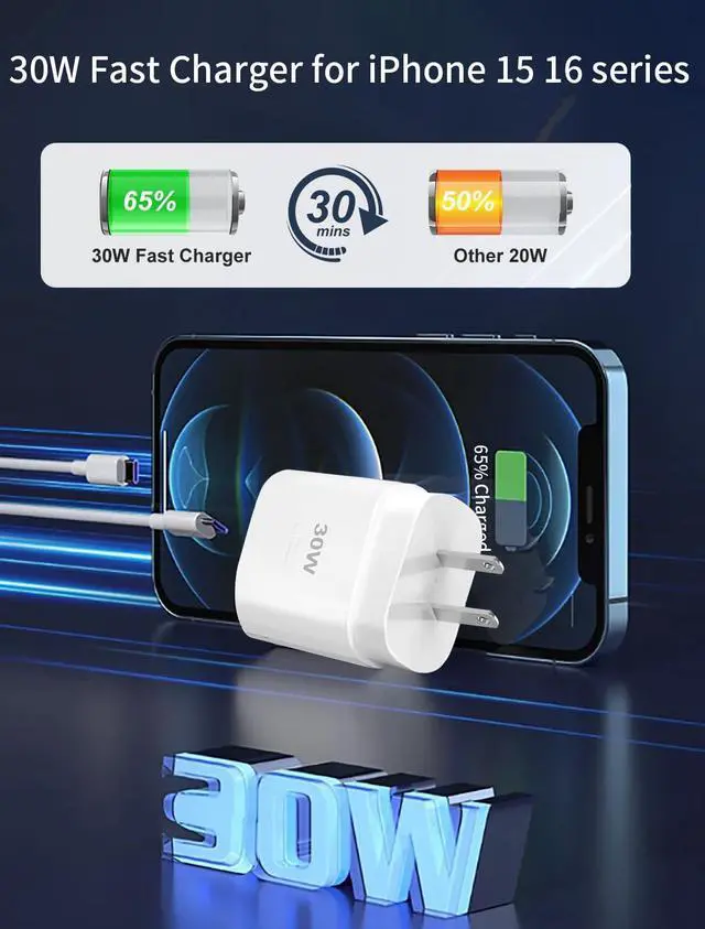 Alt view image 2 of 7 - i Phone 16 15 Pro Charger Fast Charging30W USB C Super Fast Charger Block with 10ft Long Type C for i-Phone 16/16 Pro/16 Pro Max/16 Plus/15/15 Pro Max/15Pro/iPad Pro, Galaxy S25 Ultra/S25