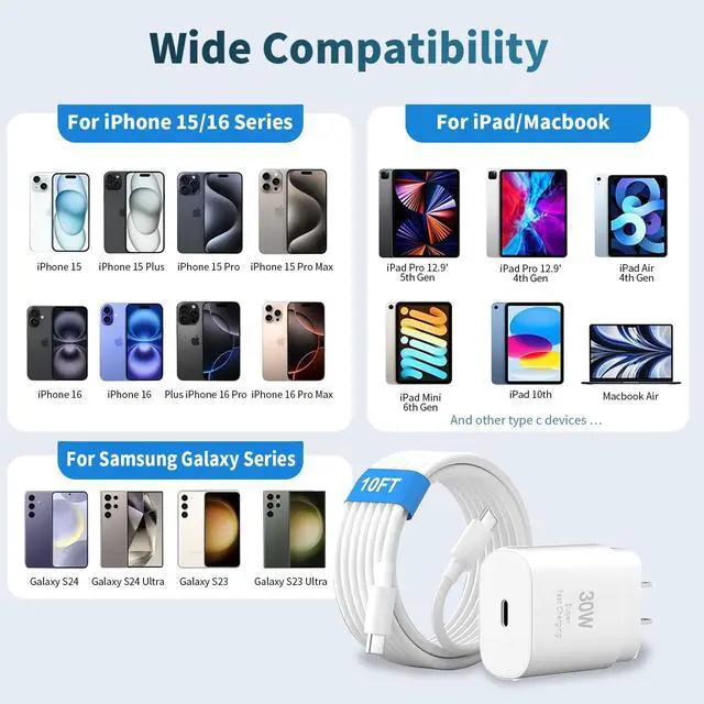 Alt view image 4 of 7 - i Phone 16 15 Pro Charger Fast Charging30W USB C Super Fast Charger Block with 10ft Long Type C for i-Phone 16/16 Pro/16 Pro Max/16 Plus/15/15 Pro Max/15Pro/iPad Pro, Galaxy S25 Ultra/S25