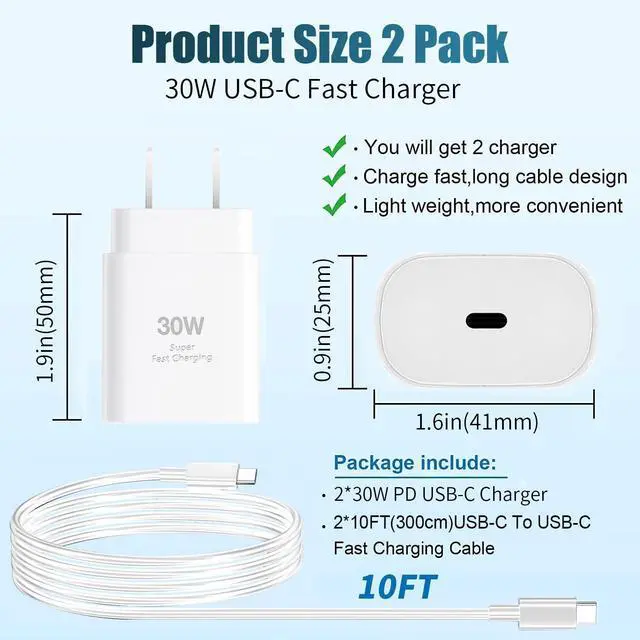 Alt view image 6 of 7 - i Phone 16 15 Pro Charger Fast Charging30W USB C Super Fast Charger Block with 10ft Long Type C for i-Phone 16/16 Pro/16 Pro Max/16 Plus/15/15 Pro Max/15Pro/iPad Pro, Galaxy S25 Ultra/S25