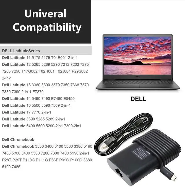 Alt view image 4 of 7 - 65W 45W Dell Laptop Charger USB C for Dell Latitude 5420 5520 5320 7420 7430 7400 7370 7390 7275 7285, XPS 13 7390 9350 9380 9370 9360 9310 9365 9300 9550 USB C Laptop Charger