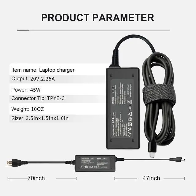 Alt view image 2 of 6 - Chromebook Charger, 45W USB C Laptop Charger for HP Chromebook X360 14 14-ca051wm 14-ca052wm 14-ca061dx 14-ca043cl Chromebook Chrager USB C