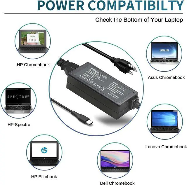 Alt view image 5 of 6 - Chromebook Charger, 45W USB C Laptop Charger for HP Chromebook X360 14 14-ca051wm 14-ca052wm 14-ca061dx 14-ca043cl Chromebook Chrager USB C