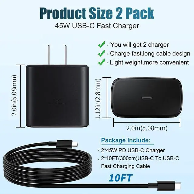 Alt view image 6 of 6 - 45W Super Fast Charger Type C,[2 Pack] 45W USB C Charger 10FT Long Type C Cable for Samsung Galaxy S25 Ultra/S24/S23 Ultra/S23+/S22 Ultra/S22+/Note 20/S20/S21, Galaxy Tab S8
