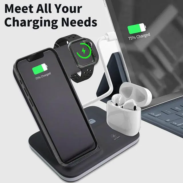 Alt view image 3 of 7 - LXHY Wireless Charger iPhone Charging Station: 3 in 1 Charger Stand Multiple Devices for Apple - iPhone 16e 16 15 14 Pro Max 13 12 11 - Watch 10 9 8 7 6 5 4 3 2 SE and Ultra Series - Airpods 4 3 2 Pro