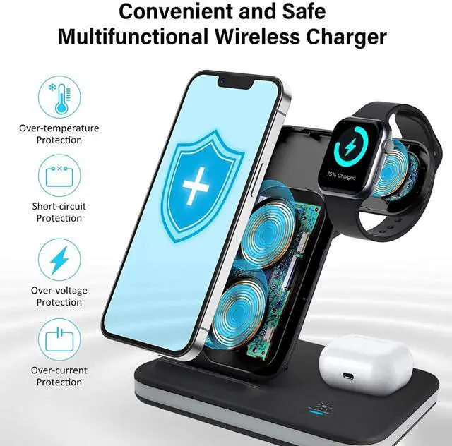 Alt view image 6 of 7 - LXHY Wireless Charger iPhone Charging Station: 3 in 1 Charger Stand Multiple Devices for Apple - iPhone 16e 16 15 14 Pro Max 13 12 11 - Watch 10 9 8 7 6 5 4 3 2 SE and Ultra Series - Airpods 4 3 2 Pro
