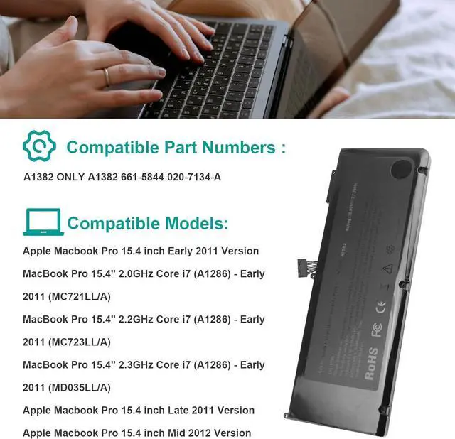 Alt view image 4 of 14 - LXHY A1382 Battery 10.95V 77.5Wh Laptop Battery for MacBook Pro 15 inch Core i7 (only for Early 2011 Late 2011 Mid 2012) A1286 MC721LL/A MC723LL/A MD035LL/A MD318LL/A MD322LL/A MD103LL/A MD104LL/A
