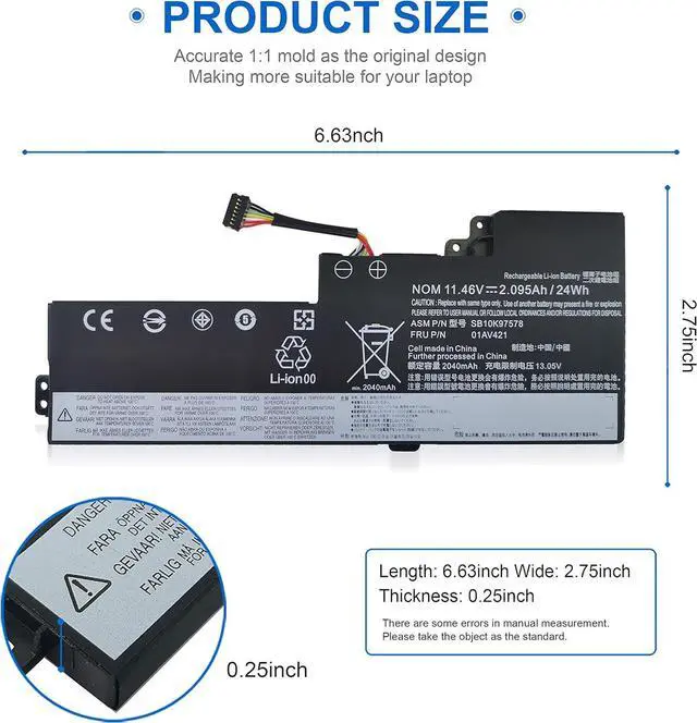 Alt view image 2 of 6 - LXHY 01AV421 01AV419 T470 T480 Battery for Lenovo ThinkPad A475 A485 TP25 Series Notebook FRU 01AV489 SB10K97577 SB10K97576 SB10K97578 01AV420 11.4V 24Wh 2100mAh 3-Cell Replacement