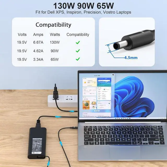 Alt view image 2 of 7 - LXHY 130W 4.5mm AC Adapter Laptop Charger Replacement for Dell XPS 15 7590 9530 9550 9560 9570 Precision 5510 5520 5530 5540 M2800 M3800 P/N HA130PM130 0V363H DA130PM130 06TTY6 0RN7NW