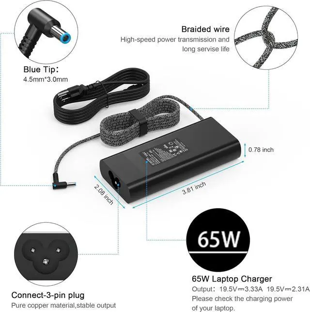 Alt view image 2 of 7 - LXHY 65W Laptop Charger 19.5V 3.33A Compatible with HP Envy x360,Spectre x360,EliteBook Pavilion Stream X360,ProBook X360 11 450 650 640 G1 G2 G3 G4 G5 G6 G7 Blue Tip 4.5*3.0mm Power Supply Cord