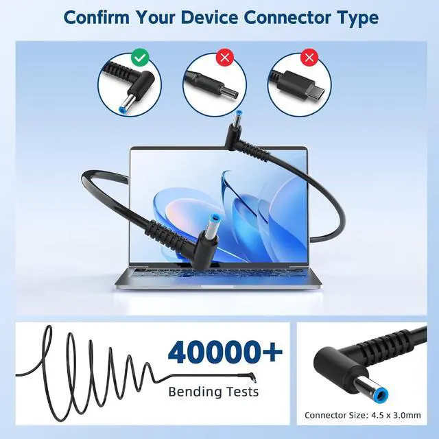 Alt view image 2 of 5 - LXHY 65W Laptop Charger Compatible with HP Elitebook ProBook-Fit for EliteBook 725 745 755 G3 G4 G5 G6, 820 840 850 G3 G4 G5 G6 G7 G8 G9 / ProBook 440 450 455 470 640 645 650 G3 G4 G5 G6 G7 G8 G9