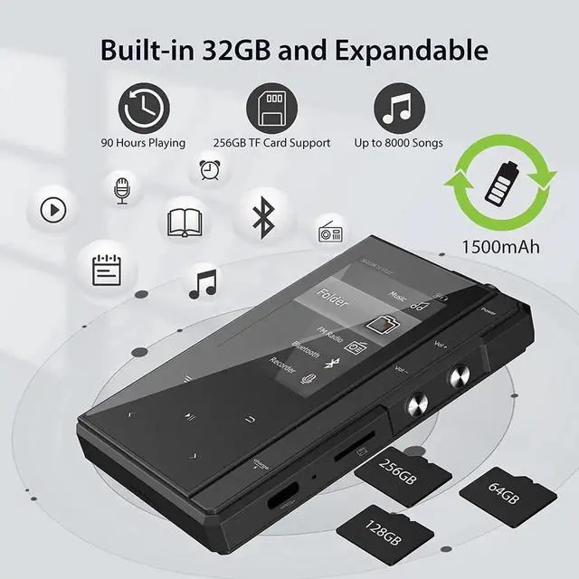 Alt view image 6 of 6 - 32GB MP3 Player with Bluetooth 5.0, Phinistec Portable Music Player MP3 with Speaker, Metal Body & Glass Back, HiFi Sound with FM Radio, Voice Recorder, E-Book, Support Micro SD Card up to 256GB