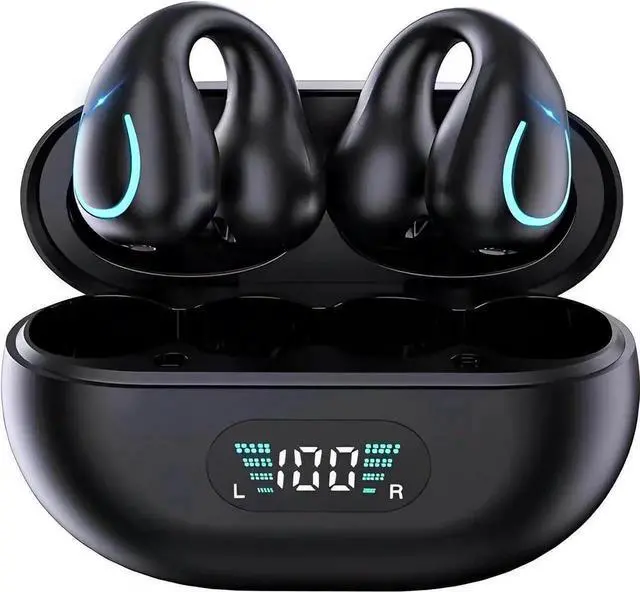 Main image of Open Ear Bone Conduction Headphones, Bluetooth Wireless Clip On Earbuds with Digital Display Charging Case 60 Hours Playtime IPX4 Waterproof Sports Headset for Running, Walking, Workout