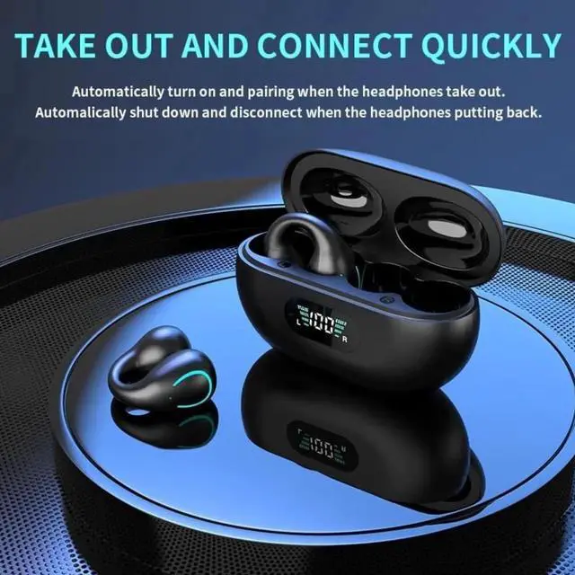 Alt view image 4 of 7 - Open Ear Bone Conduction Headphones, Bluetooth Wireless Clip On Earbuds with Digital Display Charging Case 60 Hours Playtime IPX4 Waterproof Sports Headset for Running, Walking, Workout
