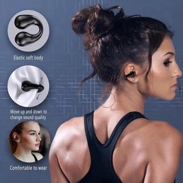 Alt view image 3 of 7 - Open Ear Bone Conduction Headphones, Bluetooth Wireless Clip On Earbuds with Digital Display Charging Case 60 Hours Playtime IPX4 Waterproof Sports Headset for Running, Walking, Workout
