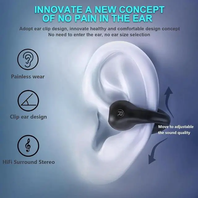 Alt view image 7 of 7 - Open Ear Bone Conduction Headphones, Bluetooth Wireless Clip On Earbuds with Digital Display Charging Case 60 Hours Playtime IPX4 Waterproof Sports Headset for Running, Walking, Workout