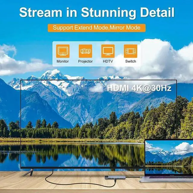 Alt view image 3 of 7 - 8 in 1 USB C Hub, Multiport USB Type C Adapter 8 Ports, Type-C Dongle USB-C to 4K HDMI, RJ45 Ethernet, PD Charger, USB 3.0 USB 2.0, SD/TF Card Reader, Type-C Data Port for USB C Laptops