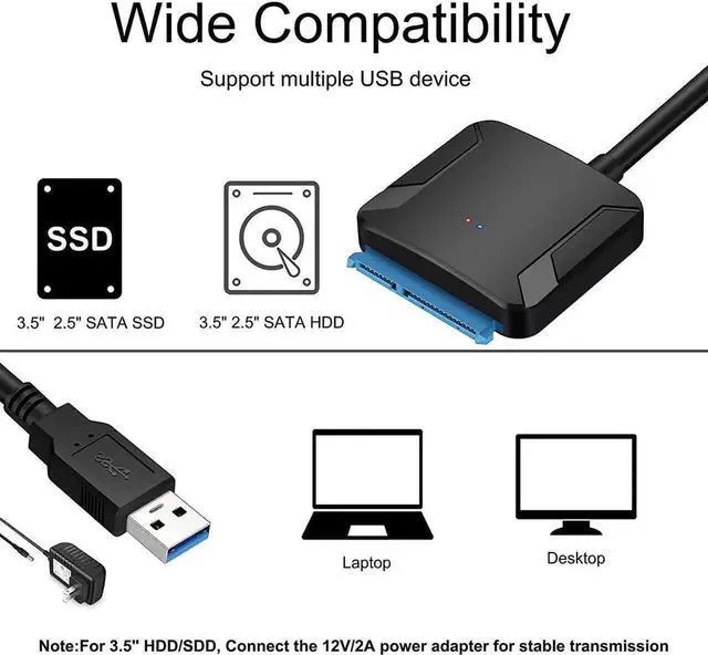 Alt view image 4 of 7 - SATA to USB Adapter - USB 3.0 to 2.5" 3.5" SATA III Hard Drive Adapter - External Transfer Cable for SSD/HDD Support UASP, Comes with 12V 2A Power Supply