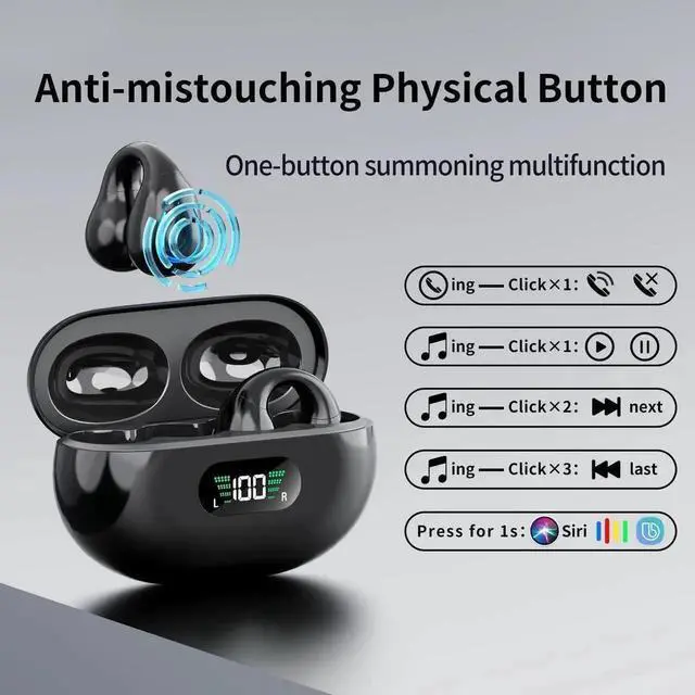 Alt view image 3 of 7 - Clip-On Wireless Earbuds Bone Conduction, Wireless Bluetooth V5.3 Open Ear Headphones, 80 Hours Playtime with Charging Case, IPX4 Waterproof Earphones Sport Cycling Running Work Earbud Hooks