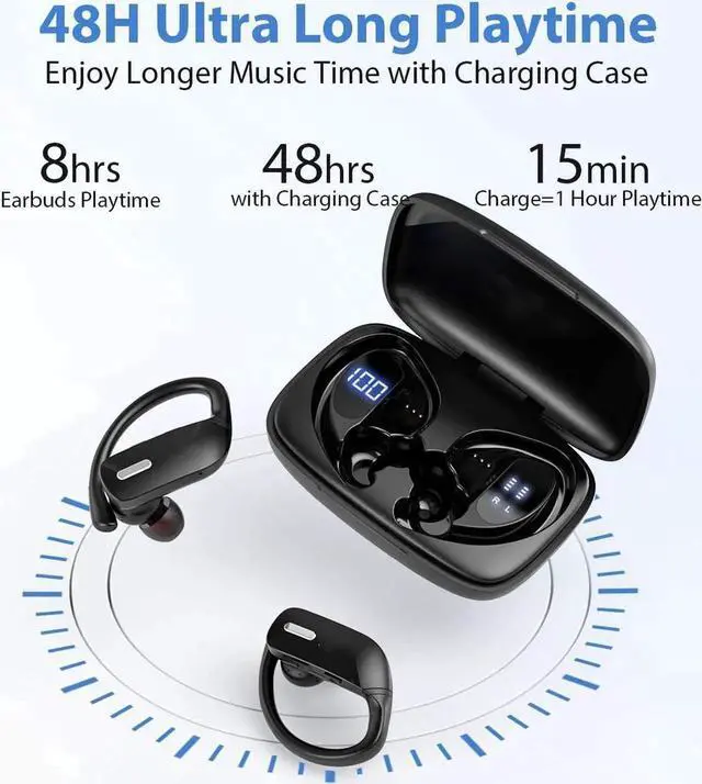 Alt view image 7 of 7 - Bluetooth Headphones-True Wireless Earbuds 48Hrs Playtime Earphones TWS Deep Bass Loud Voice Call Over Ear Headset Waterproof with Microphone Smart LED Display for Sports Running Gaming Workout-Black