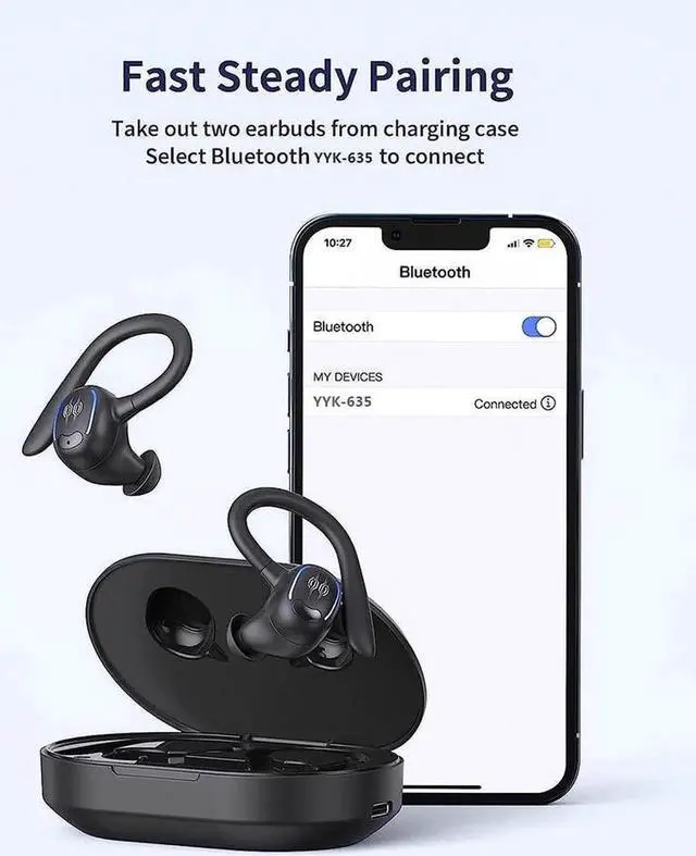 Alt view image 3 of 7 - True Wireless Earbuds, Bluetooth Headphones 50Hrs Playback Ear Buds IPX7 Waterproof Sports Earphones Dual Power Display with Earhooks Built in Mic Clear Calls Over Ear Earbuds for Running Workout Gym