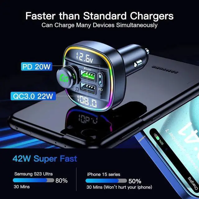 Alt view image 6 of 7 - Bluetooth 5.3 Car Adapter, Wireless Bluetooth FM Transmitter for Car, PD 20W & QC3.0 USB C Car Fast Charger Port, Radio Transmitter Bluetooth for Car, Hands Free Calling, 7 Colors Led Backlit Light