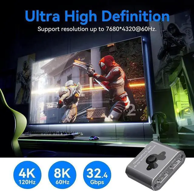 Alt view image 2 of 7 - DP1.4 DisplayPort Switch, 8K Bi-Directional DisplayPort Splitter 2 in 1 Out/1 in 2 Out Display Port Switcher Supports 8K @60Hz 4K @120Hz for PC Laptop Monitor Projector TV