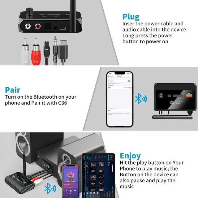 Alt view image 6 of 7 - AUTYUE Bluetooth 5.3 Receiver, RCA Bluetooth Adapter, Low Latency & HD Music Audio, Support Optical AUX 3.5mm, RCA Bluetooth Receiver Adapter for Home Stereo Speakers, Music Streaming Stereo System