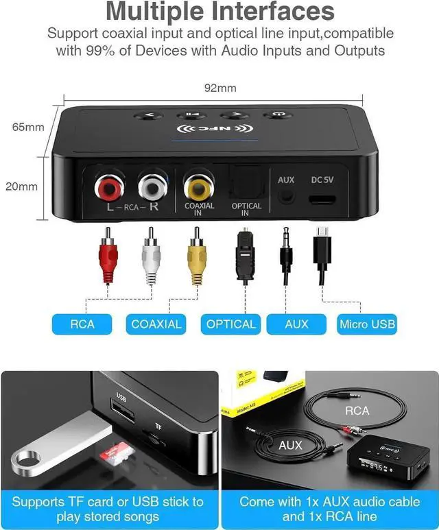 Main image of Bluetooth Transmitter, 3-in-1 Bluetooth 5.0 Transmitter Receiver Adapter, FM Transmitter with RCA/AUX Cable, Wireless Audio Adapter for Stereo System/TV/PC/Headphones/Speakers
