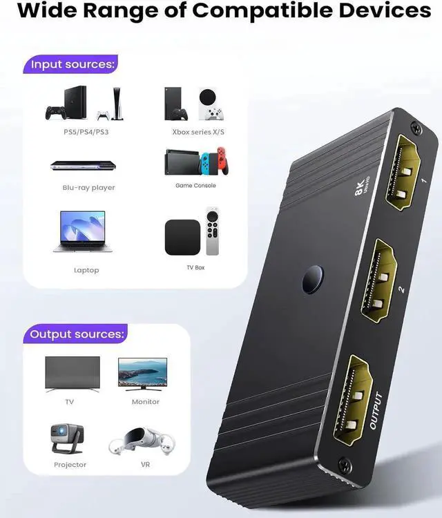Alt view image 5 of 7 - 8K HDMI 2.1 Switch 4K@120Hz, Bi-Directional 2 in 1 Out HDMI Splitter Switcher with Remote, 8K@60Hz Aluminum HDMI Splitter 1 in 2 Out 48Gbps Ultra HD Compatible with PS5 Xbox Fire Stick