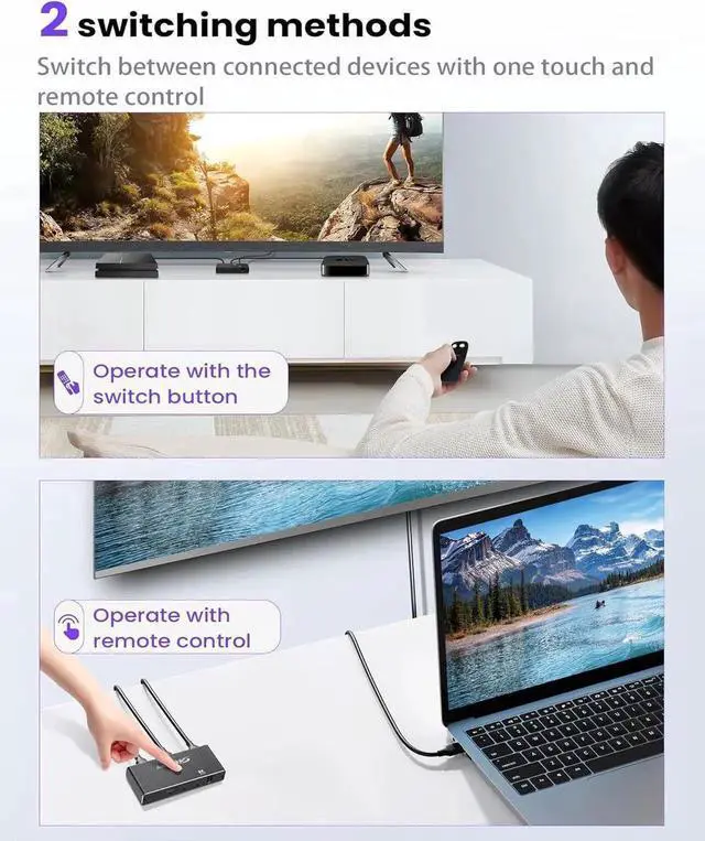 Alt view image 2 of 7 - 8K HDMI 2.1 Switch 4K@120Hz, Bi-Directional 2 in 1 Out HDMI Splitter Switcher with Remote, 8K@60Hz Aluminum HDMI Splitter 1 in 2 Out 48Gbps Ultra HD Compatible with PS5 Xbox Fire Stick
