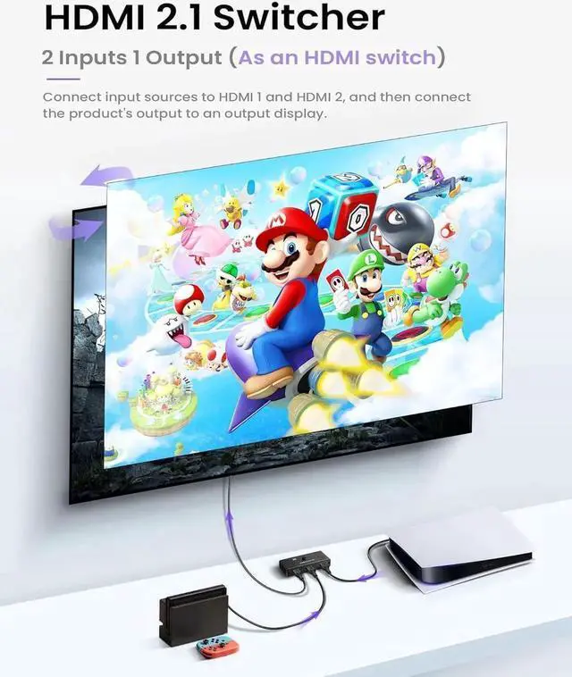 Alt view image 4 of 7 - 8K HDMI 2.1 Switch 4K@120Hz, Bi-Directional 2 in 1 Out HDMI Splitter Switcher with Remote, 8K@60Hz Aluminum HDMI Splitter 1 in 2 Out 48Gbps Ultra HD Compatible with PS5 Xbox Fire Stick