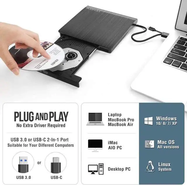 Alt view image 6 of 7 - External CD DVD Drive, Type C USB 3.0 CD DVD RW Reader Burner Portable CD-RW/VCD-RW Player Rewriter High Speed Low Noise Super drive for Laptop, Desktop, Mac OS, Windows 10/8/7/XP/Linux