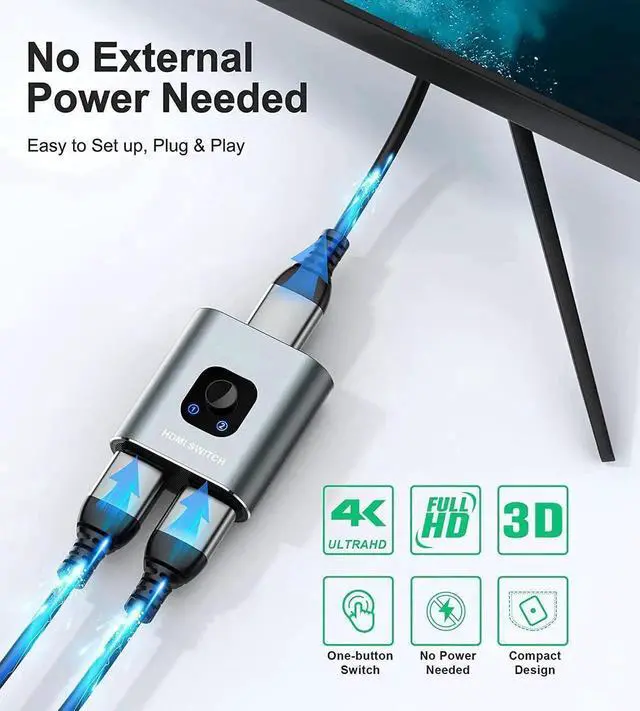 Alt view image 3 of 7 - HDMI Switch 4K HDMI Splitter- Aluminum Bidirectional HDMI Switcher, HDMI Switch Splitter 2 in 1 Out, Manual HDMI Hub Supports HD 4K@30hz for Blu-Ray-Player Fire Stick Xbox (Only ONE monitor)