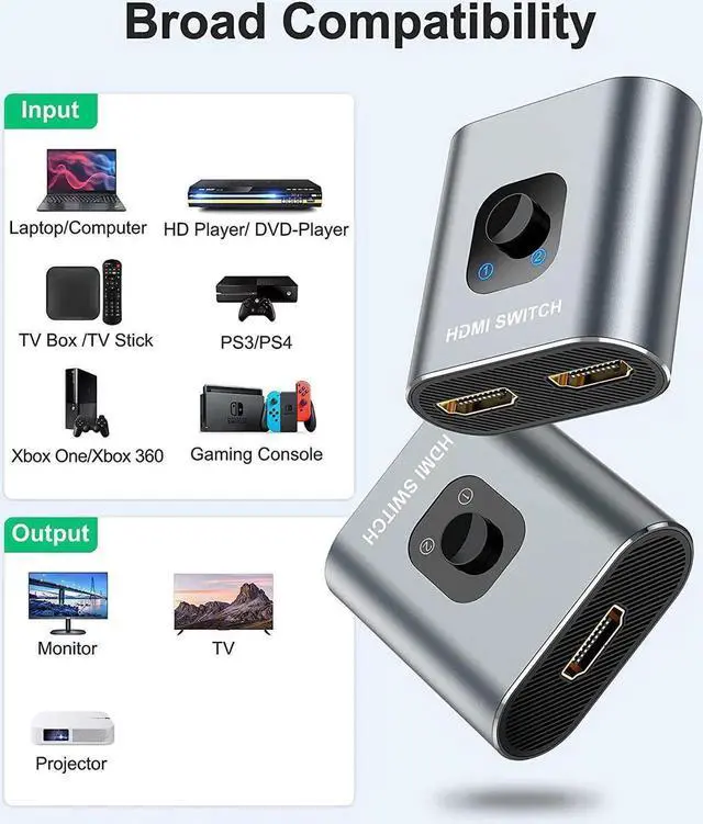 Alt view image 6 of 7 - HDMI Switch 4K HDMI Splitter- Aluminum Bidirectional HDMI Switcher, HDMI Switch Splitter 2 in 1 Out, Manual HDMI Hub Supports HD 4K@30hz for Blu-Ray-Player Fire Stick Xbox (Only ONE monitor)