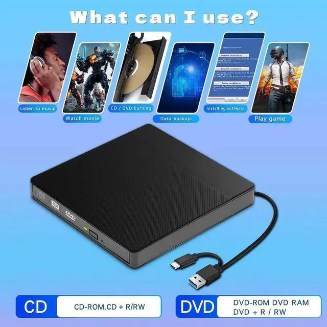 Alt view image 2 of 7 - AUTYUE External CD/DVD Drives, USB 3.0 & Type-C CD DVD Burner Portable CD +/-RW Drive DVD Player for ROM Rewriter Burner Compatible with Laptop Desktop PC Windows 11/10/8/7/XP, Linux MacOS