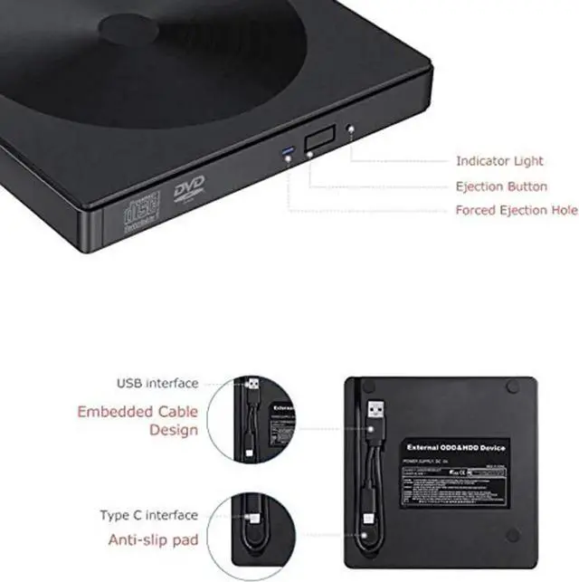 Alt view image 3 of 7 - External CD DVD Drive, Type C USB 3.0 Portable CD/DVD RW Writer Burner, Low Noise High Speed Transfer Drive, Compatible with Laptop, Desktop, Windows XP/2003/Vista/7/8/10, Linux, Mac OS