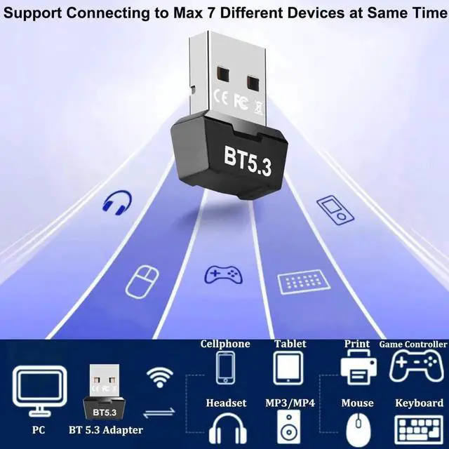 Alt view image 3 of 6 - USB Bluetooth 5.3 Adapter for PC, Mini 5.3 Bluetooth EDR Dongle Receiver Transmitter Plug and Play Support Windows 11/10/8.1/8 for Desktop, Laptop, Bluetooth Headsets, Speakers, Keyboard, Mouse